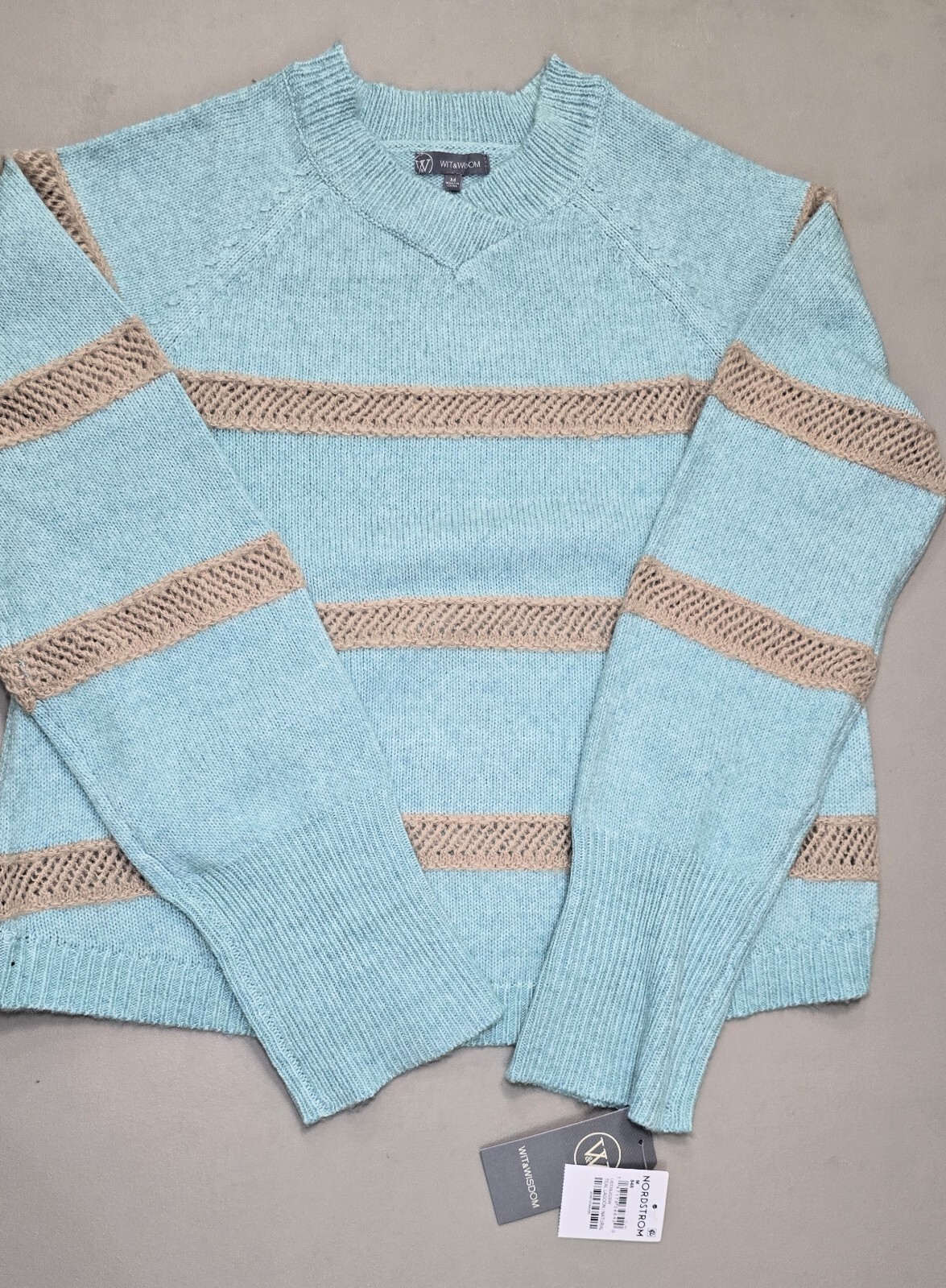 Wit & Wisdom Stripe V-Neck Sweater in Teal Lagoon/Natural - Size M