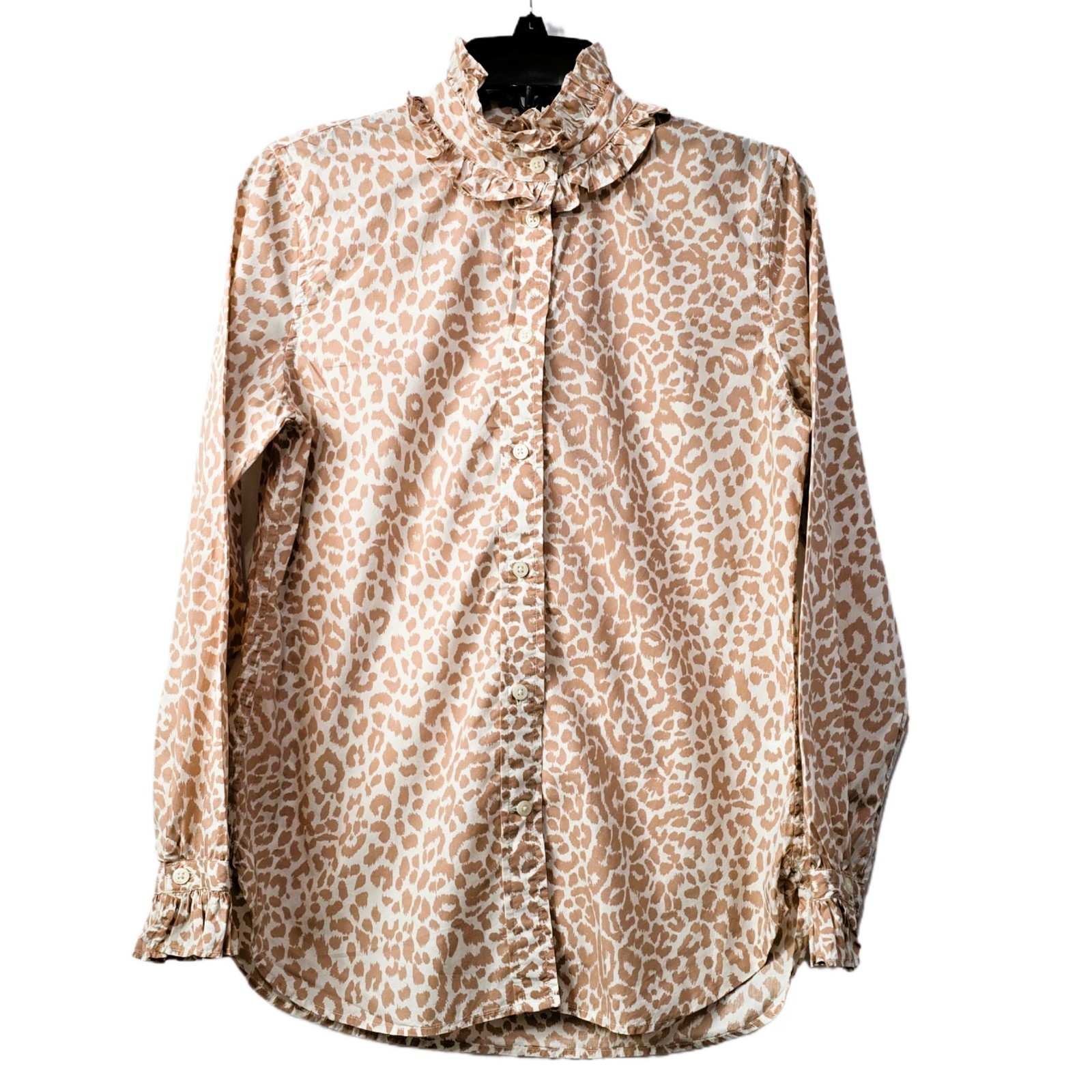 J Crew Women’s Classic-Fit Leopard Print Ruffle Neck & Cuff Shirt Blouse Sz 2 - PreOwnedExcellent
