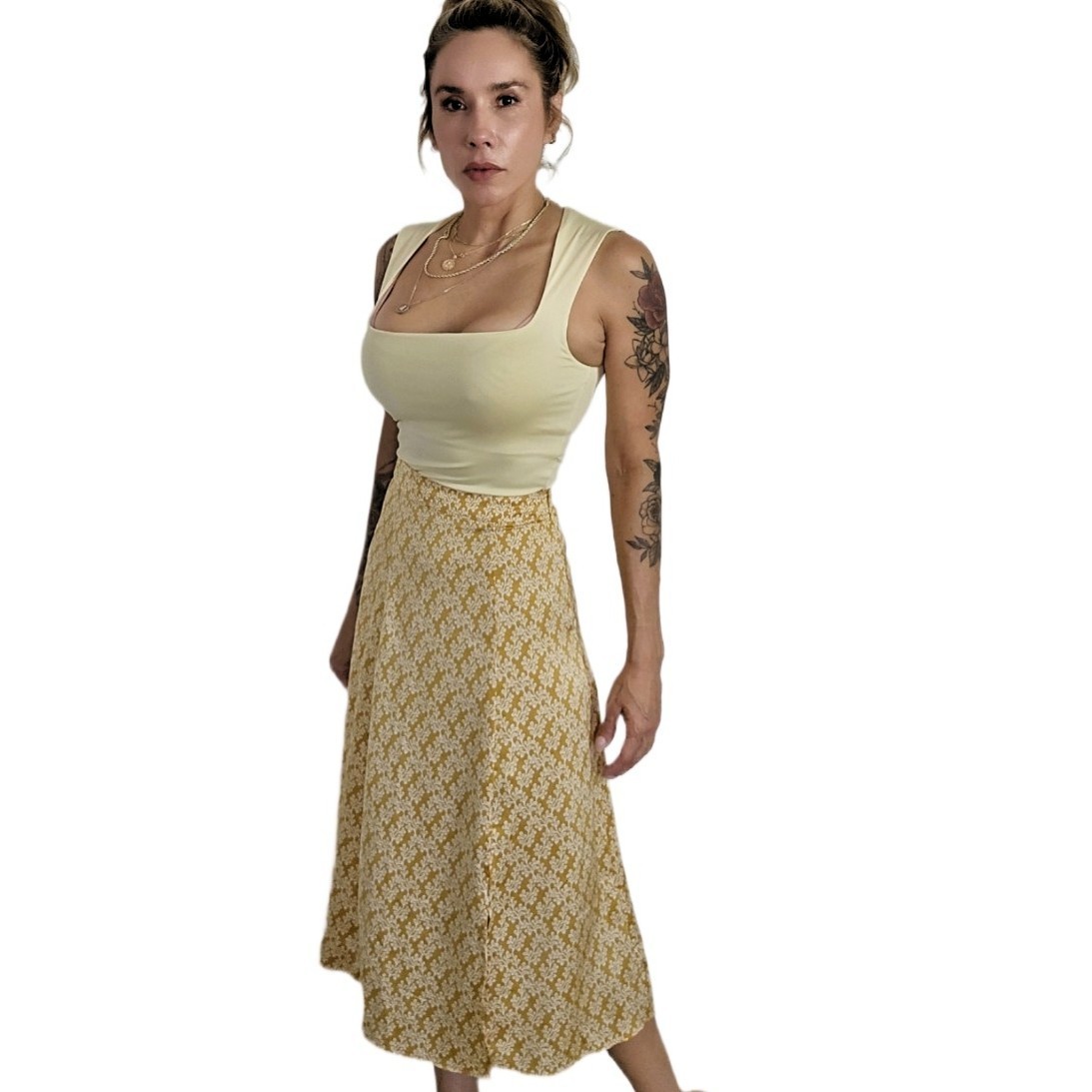 LOFT Gold Floral Satin Midi Skirt Size 0 A-Line Front Slit Yellow White Floral
