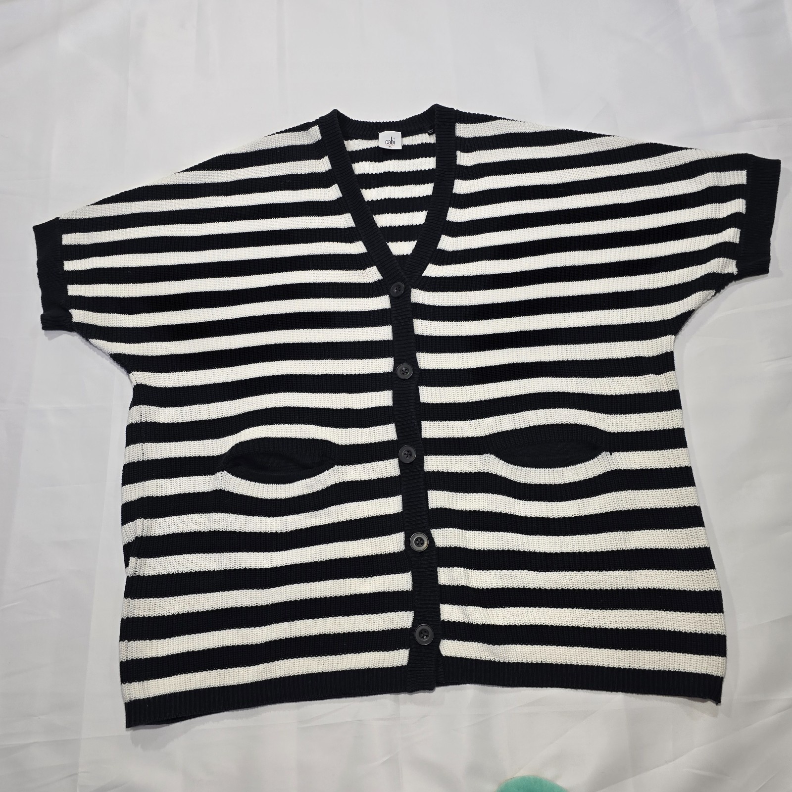 Cabi Whistle Striped Longline Short-Sleeve Cardigan XL with Pockets