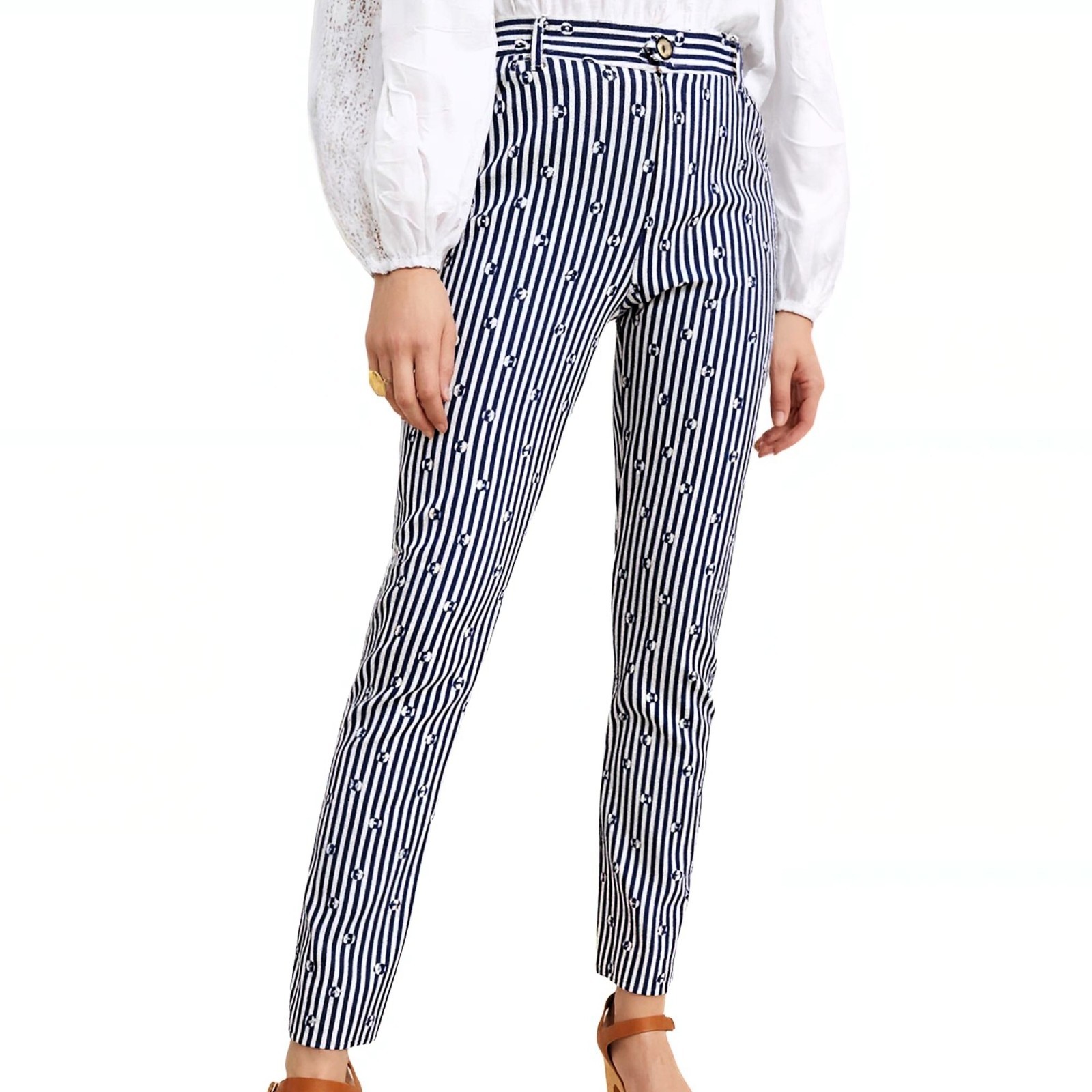 Anthropologie Stripe Floral Slim Pants Women’s 4 Blue White High Rise