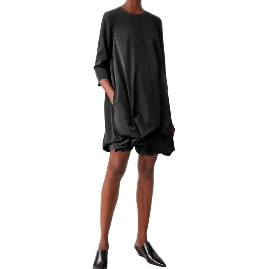 COS Women's Black Asymmetric Gathered Hem Long Sleeve Dress Size 8 Modal - PreOwnedExcellent