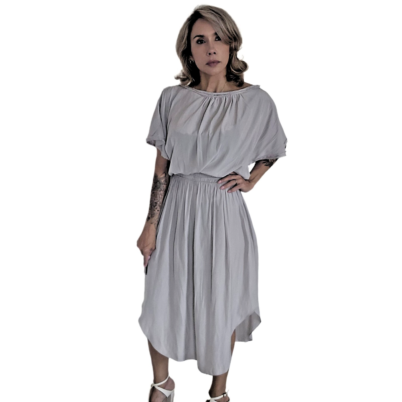 Ramy Brook “Audrey” Gray Smocked Waist Frayed Neck Blouson Midi Dress S