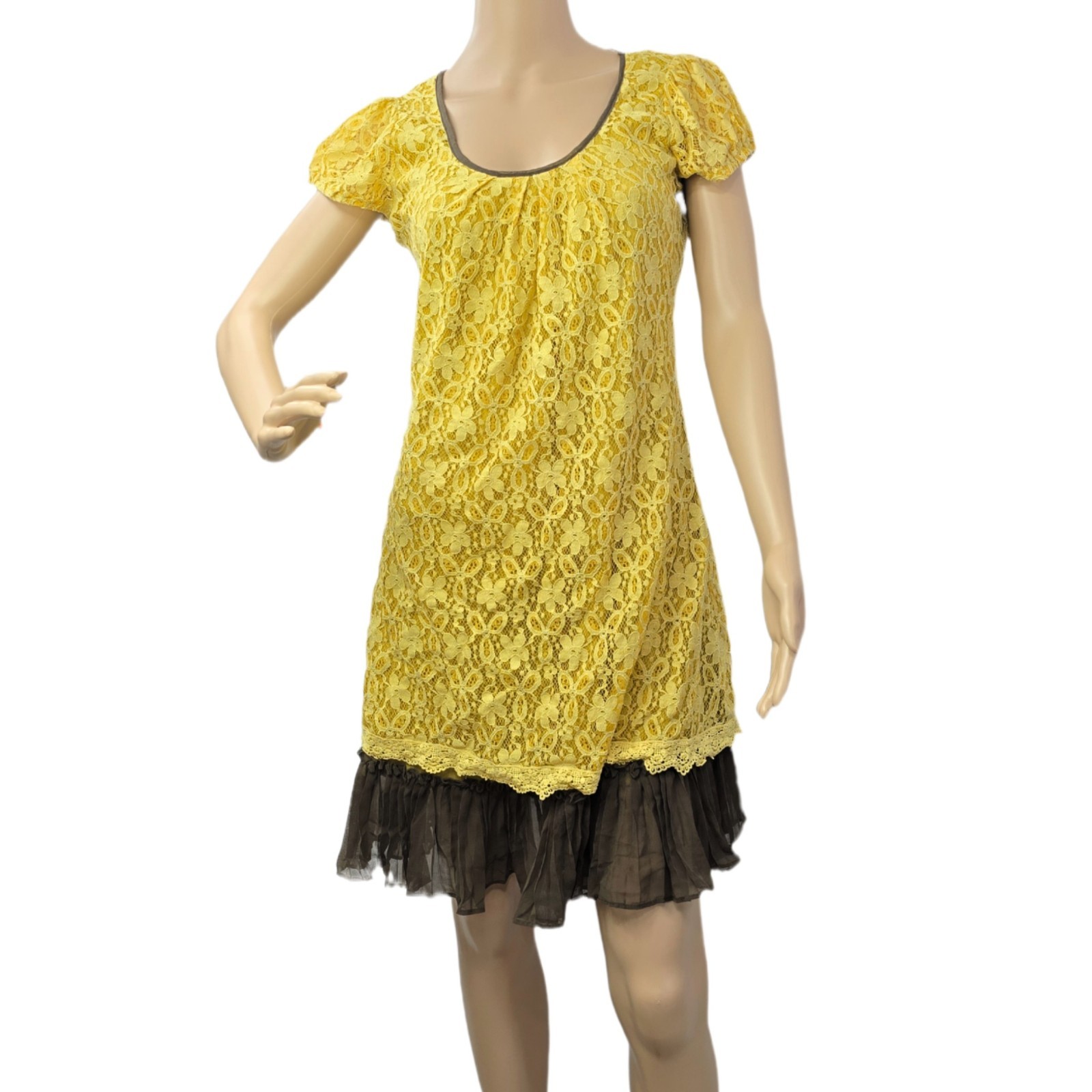 A’Reve Yellow Lace Dress Women’s Size S Romantic Boho with Ruffle Hem