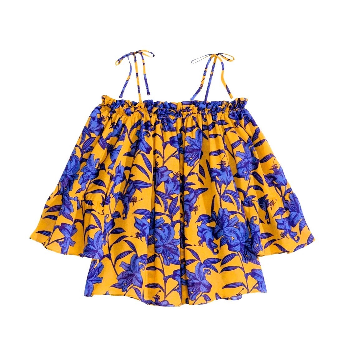 Charming Charlie Women’s Off-Shoulder Floral Blouse Mustard Yellow Blue S