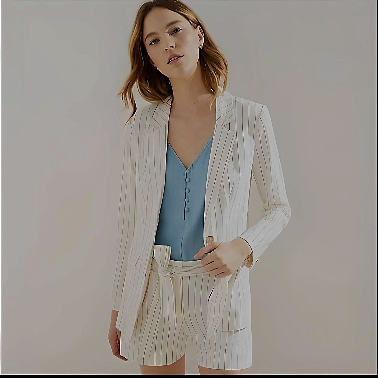 LOFT Linen Blend Blazer & Shorts 2 Pc Set Women’s 8/4 Pinstripe White