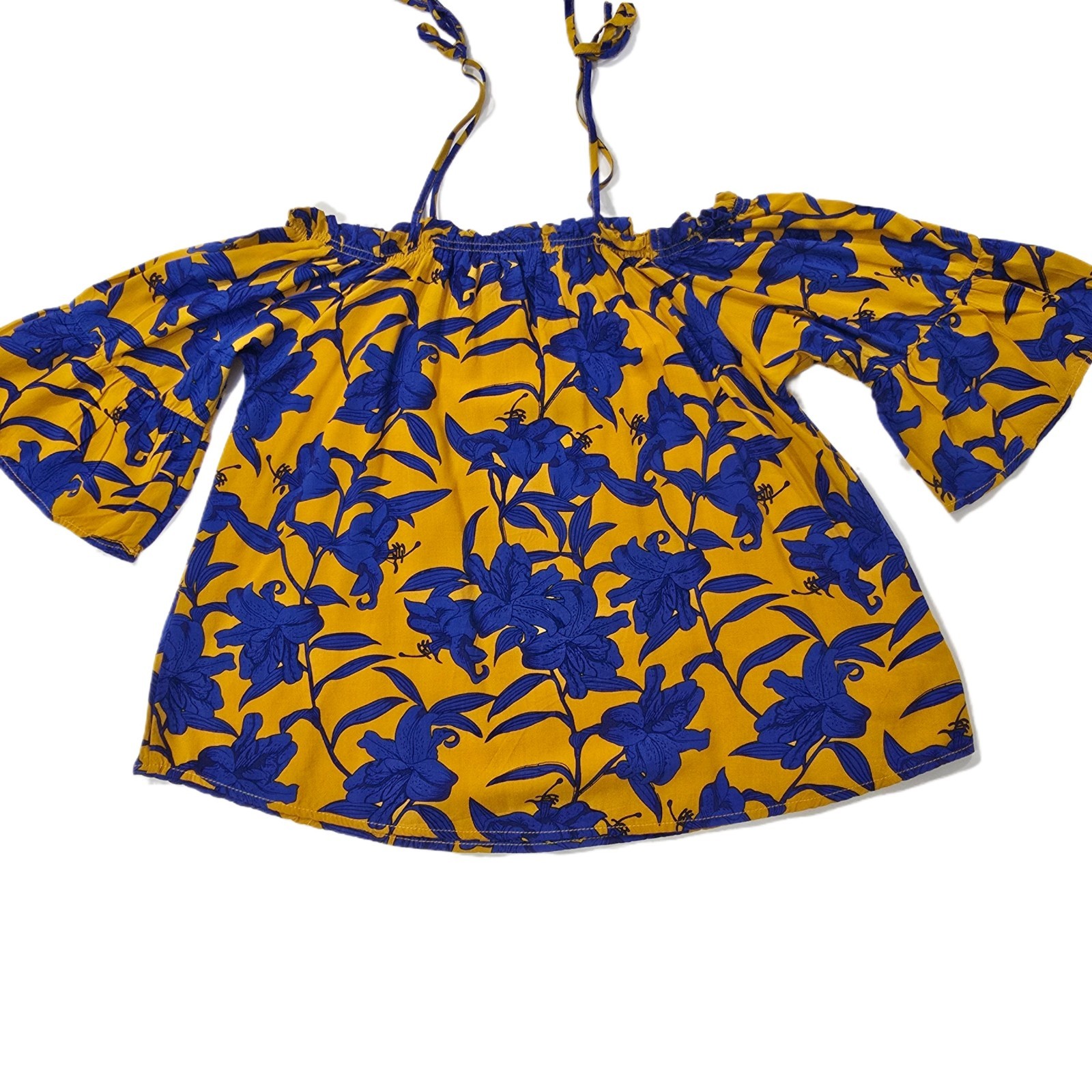 Charming Charlie Women’s Off-Shoulder Floral Blouse Mustard Yellow Blue S