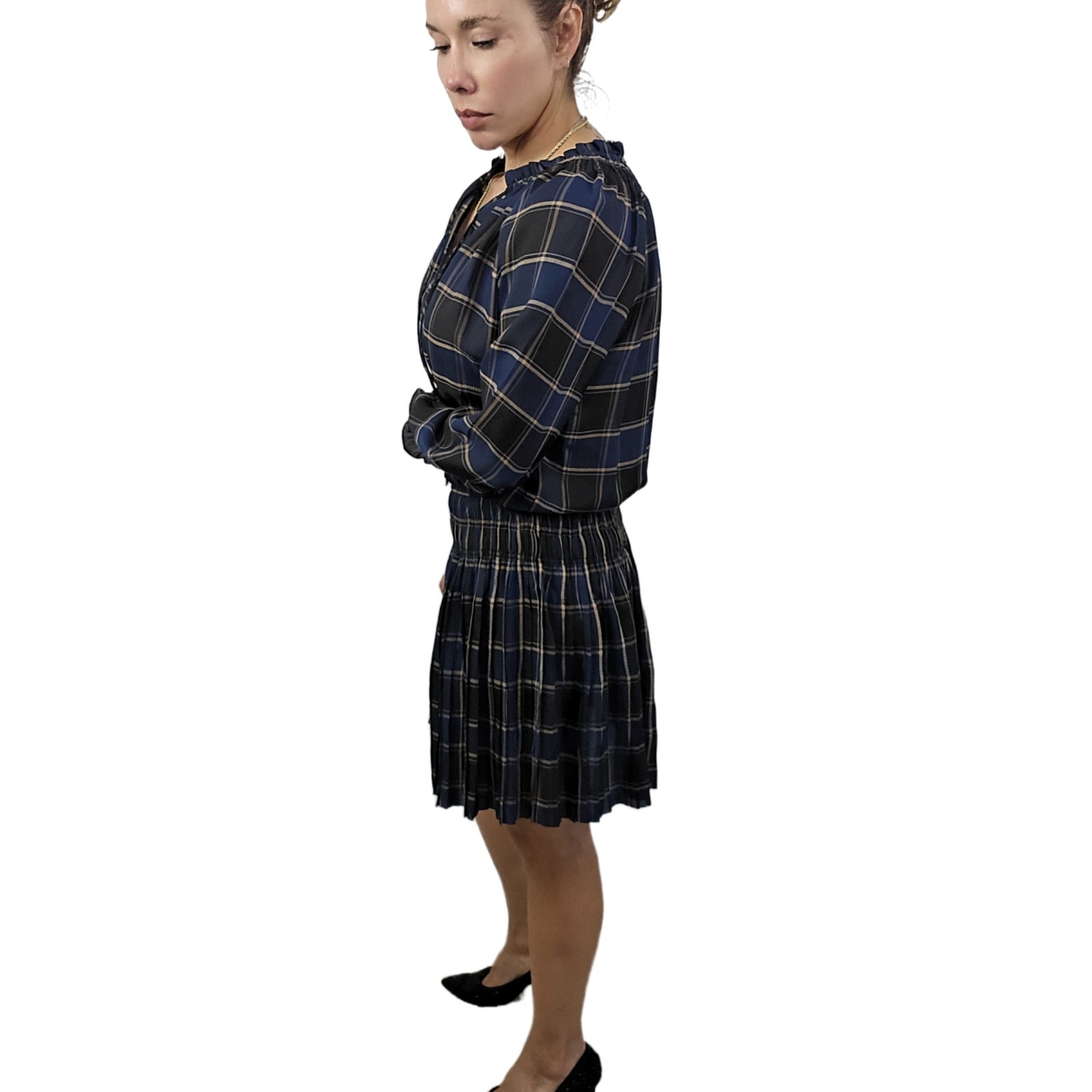 Current Air Black & Navy Plaid Ruffled Chiffon Mini Dress, Size S