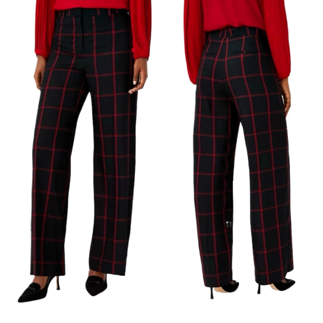 Ann Taylor NWT Sz 6 High Waist Wide Leg Plaid Pants Black Red Classic