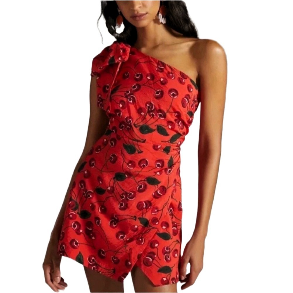 Anthropologie Maeve Cherry Print One-Shoulder Mini Dress Size 12