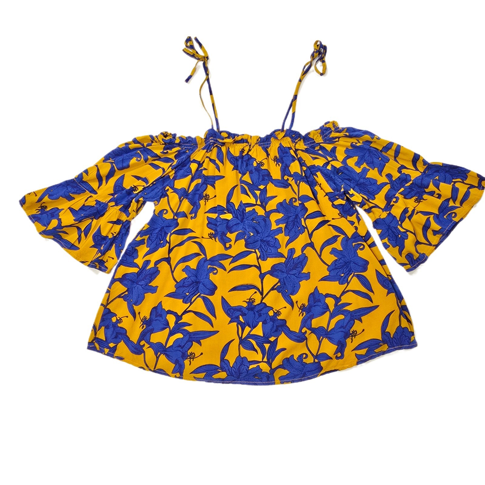 Charming Charlie Women’s Off-Shoulder Floral Blouse Mustard Yellow Blue S