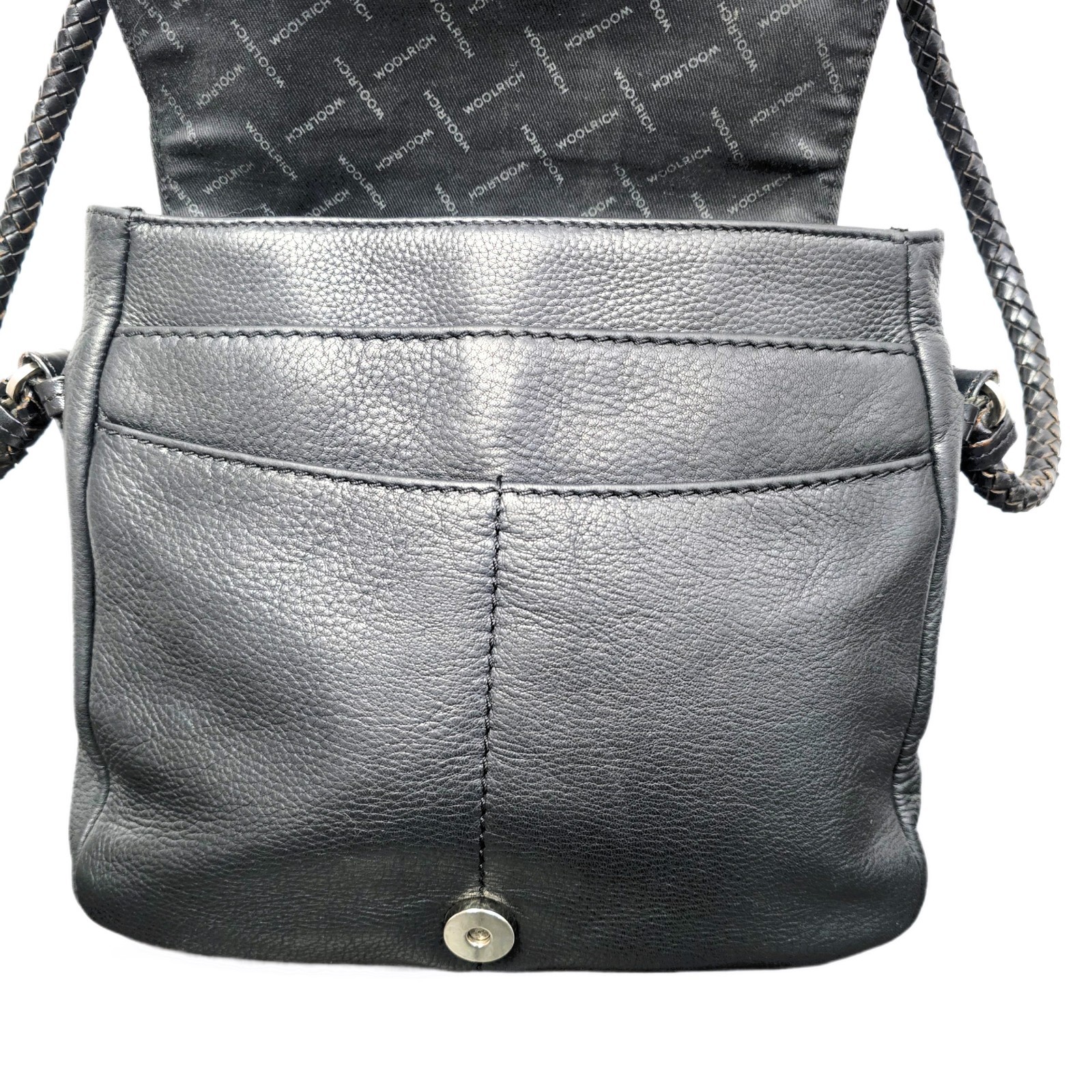 Woolrich Black Genuine Leather Crossbody Bag Braided Strap Multiple Pockets - Used