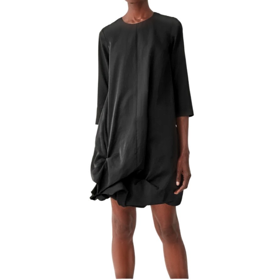 COS Women's Black Asymmetric Gathered Hem Long Sleeve Dress Size 8 Modal - PreOwnedExcellent