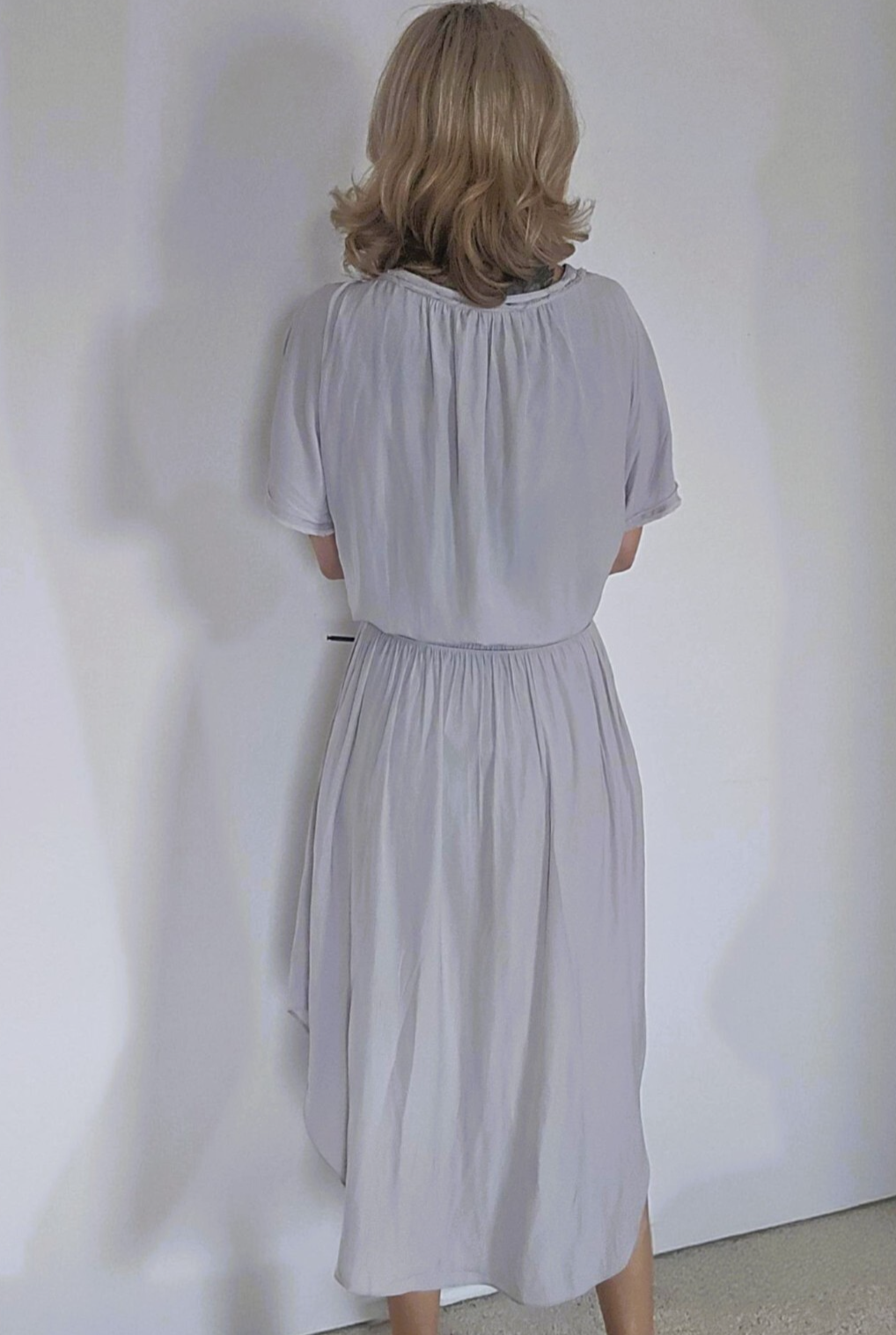 Ramy Brook “Audrey” Gray Smocked Waist Frayed Neck Blouson Midi Dress S