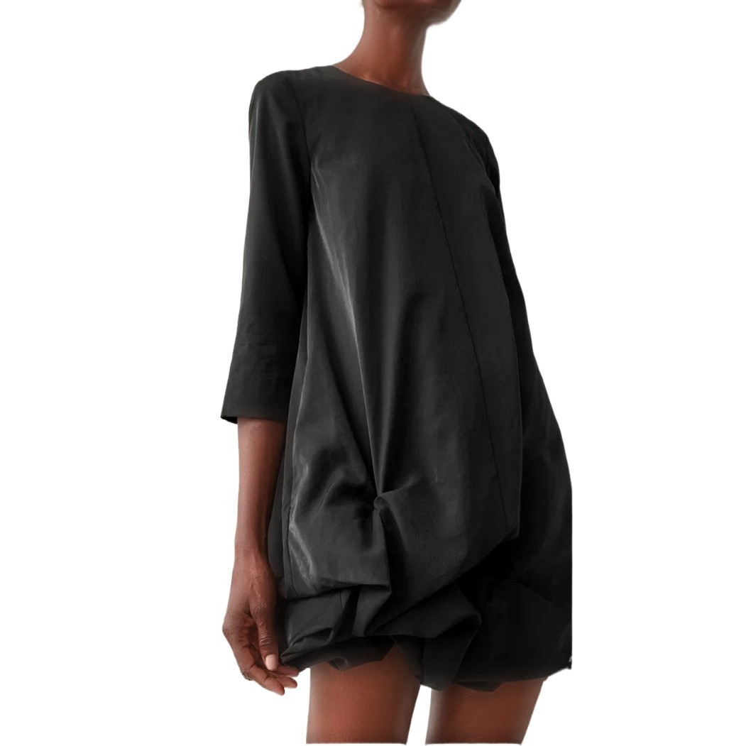 COS Women's Black Asymmetric Gathered Hem Long Sleeve Dress Size 8 Modal - PreOwnedExcellent
