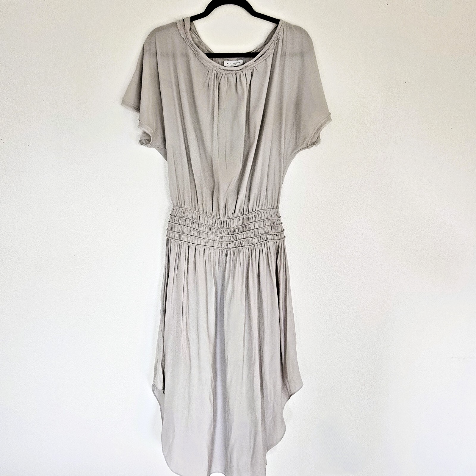 Ramy Brook “Audrey” Gray Smocked Waist Frayed Neck Blouson Midi Dress S