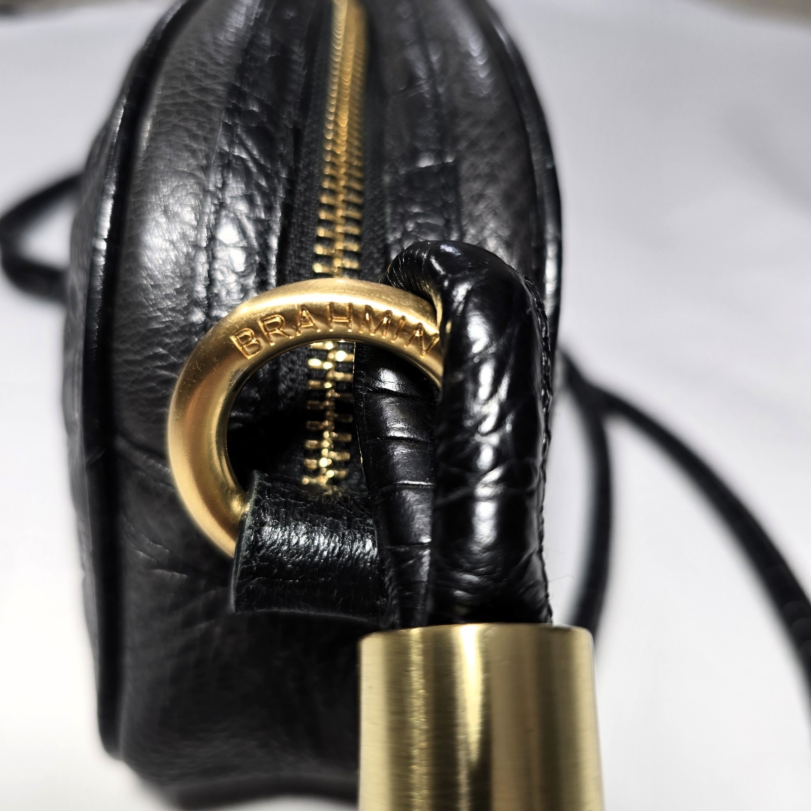 Brahmin Black Leather Multi-Texture Crossbody Bag, Gold Hardware, Key Clip