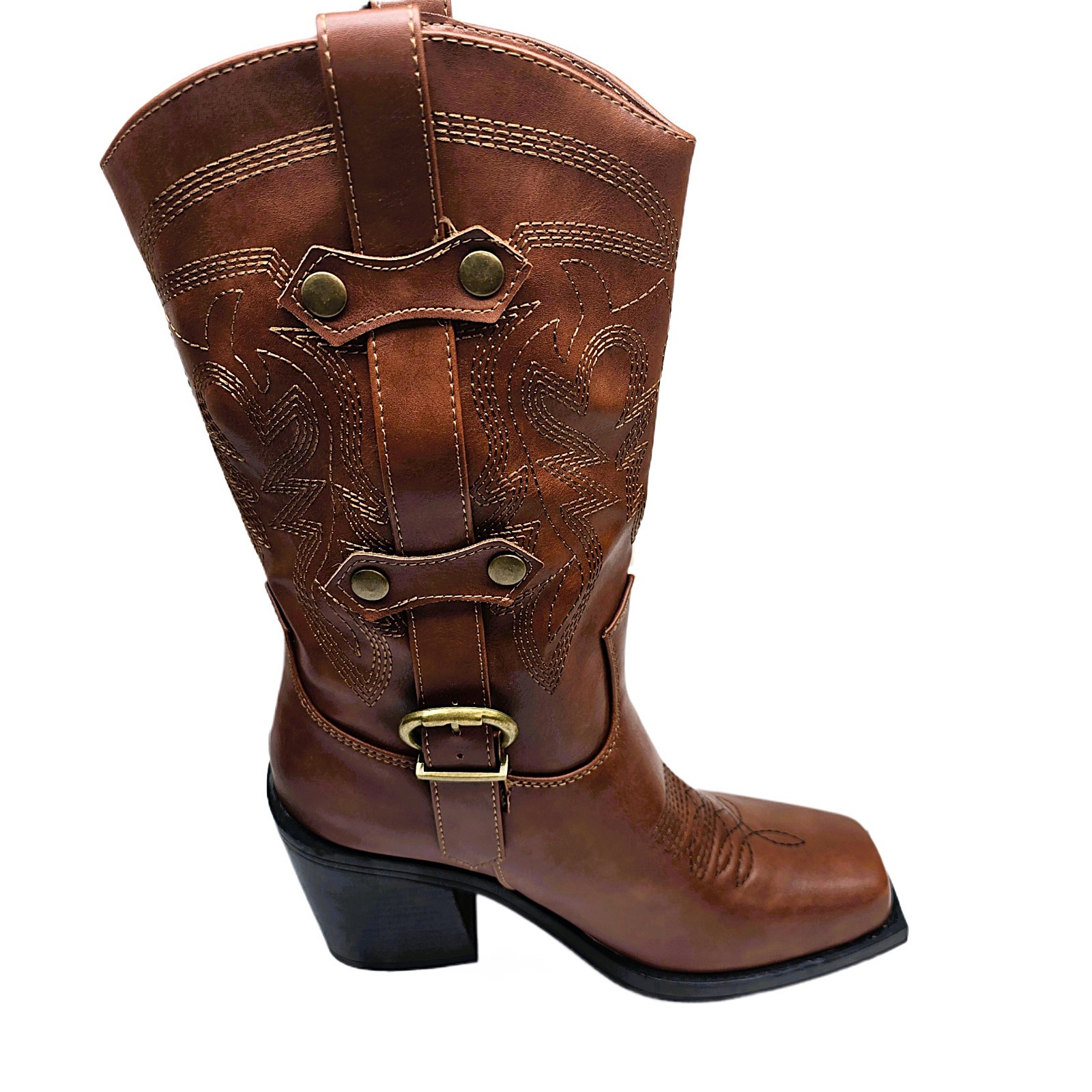 Forever Women’s Brown Square Toe Cowboy Boots Size 8M Chunky Heel