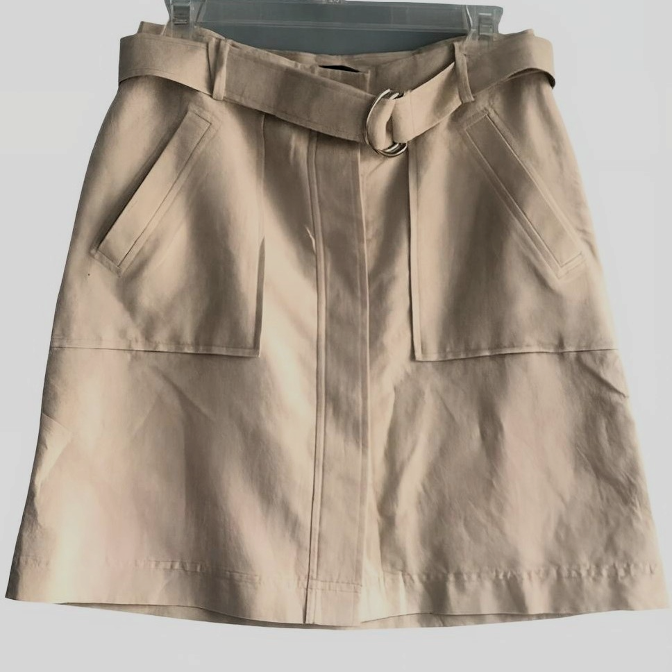Ann Taylor Safari Belted Mini Skirt 2P Khaki A-Line Button Front Lined Cotton