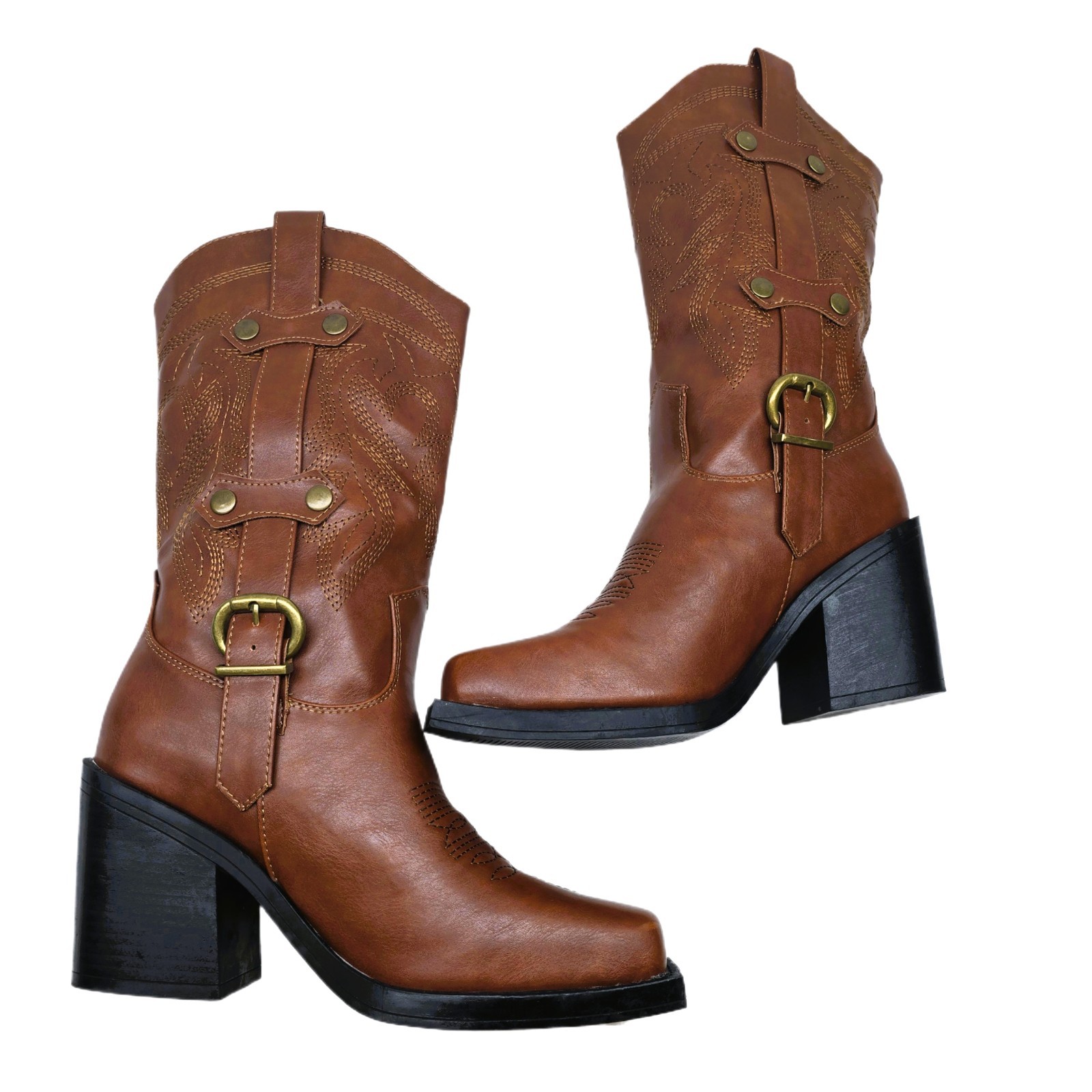 Forever Women’s Brown Square Toe Cowboy Boots Size 8M Chunky Heel