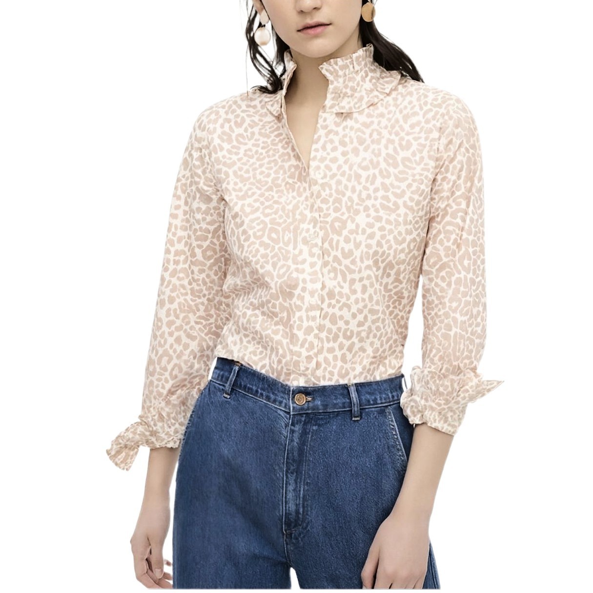 J Crew Women’s Classic-Fit Leopard Print Ruffle Neck & Cuff Shirt Blouse Sz 2 - PreOwnedExcellent