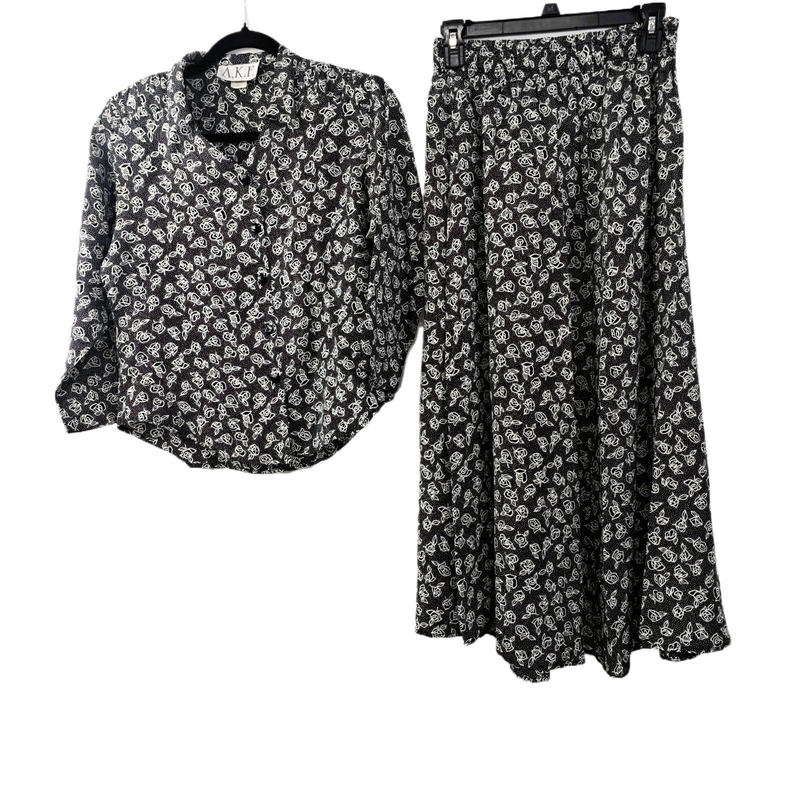 Vintage 80s AKF NY Floral Boho 2pc Set Maxi Skirt & Blouse Women's S Size 6