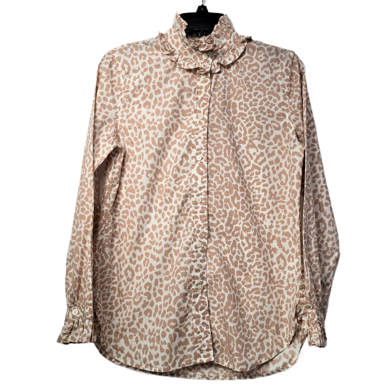 J Crew Women’s Classic-Fit Leopard Print Ruffle Neck & Cuff Shirt Blouse Sz 2 - PreOwnedExcellent
