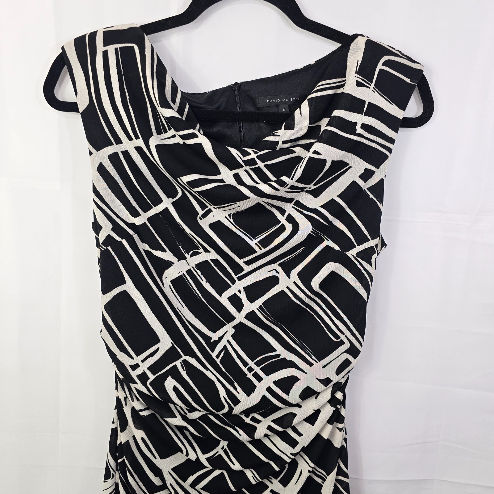 David Meister Women's Black White Abstract Midi Dress Size 8 Made in USA