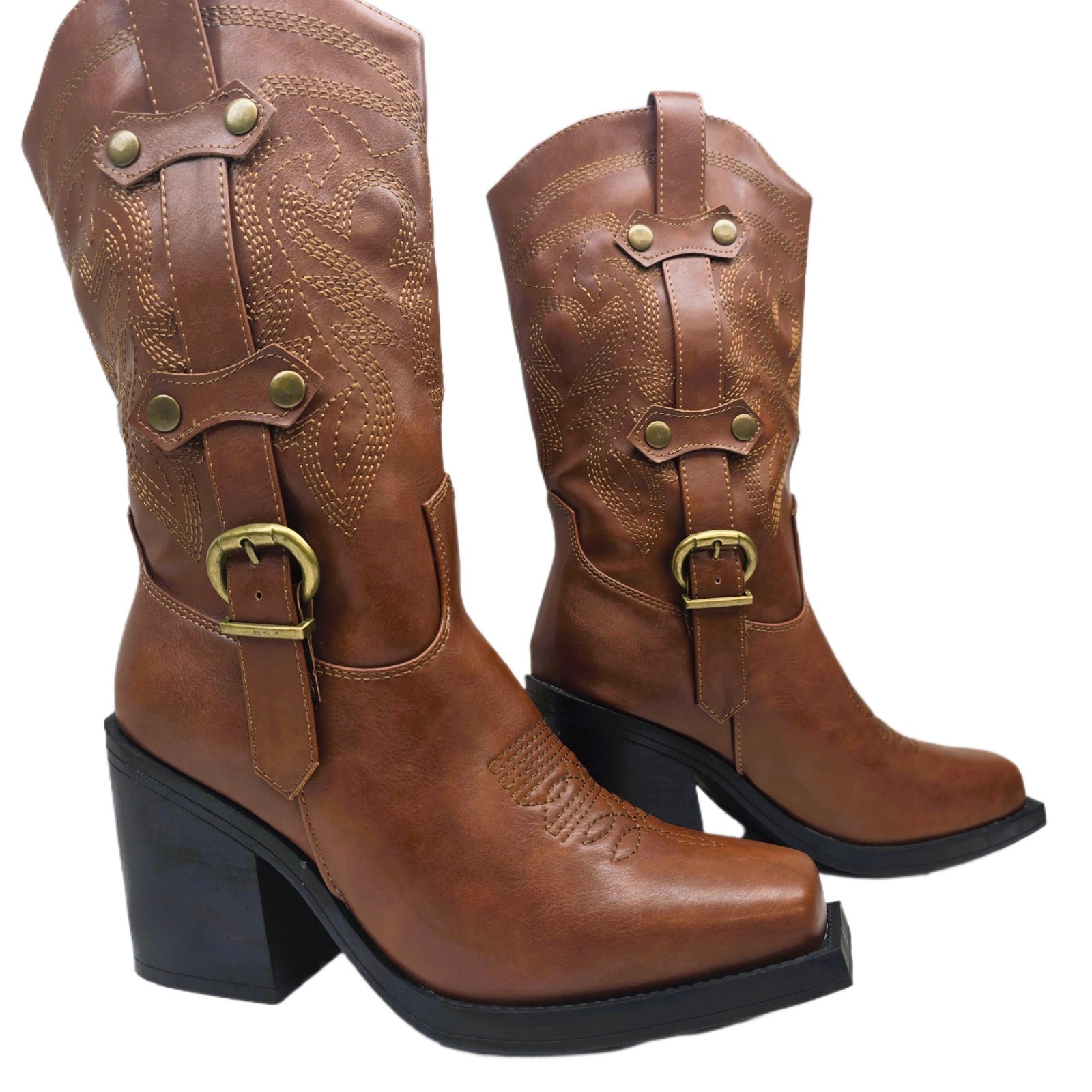 Forever Women’s Brown Square Toe Cowboy Boots Size 8M Chunky Heel