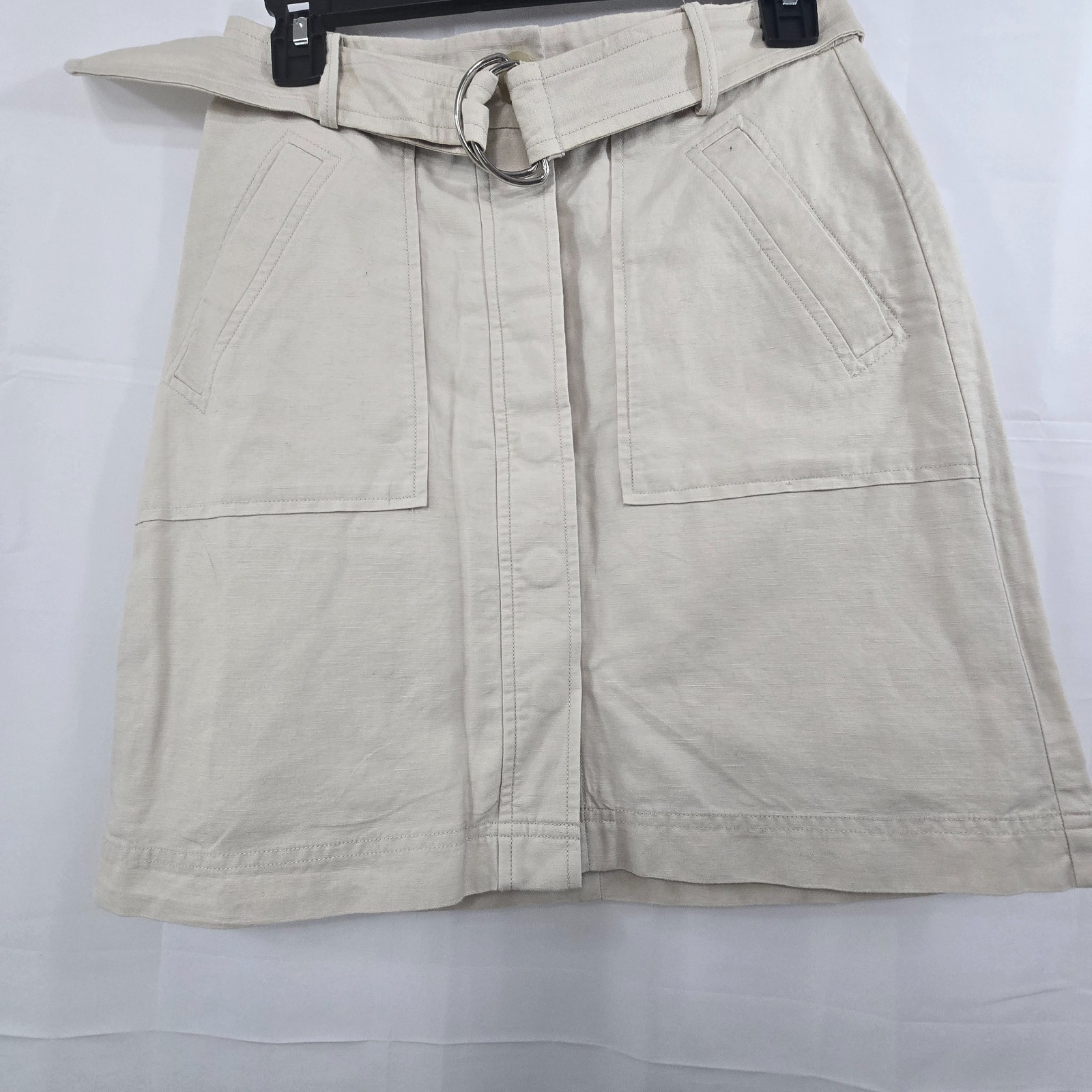 Ann Taylor Safari Belted Mini Skirt 2P Khaki A-Line Button Front Lined Cotton