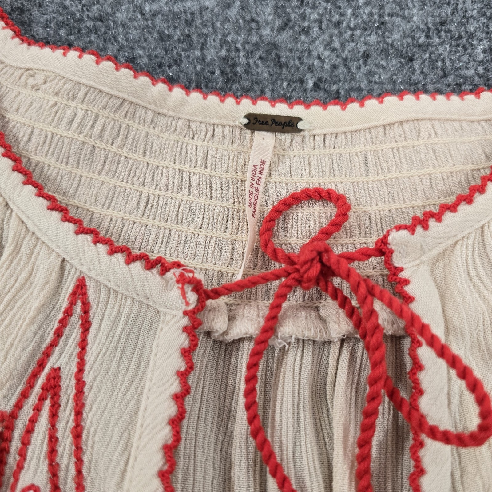 Free People Wind Willow Mini Peasant Dress for Women – Size L, Ivory and Red