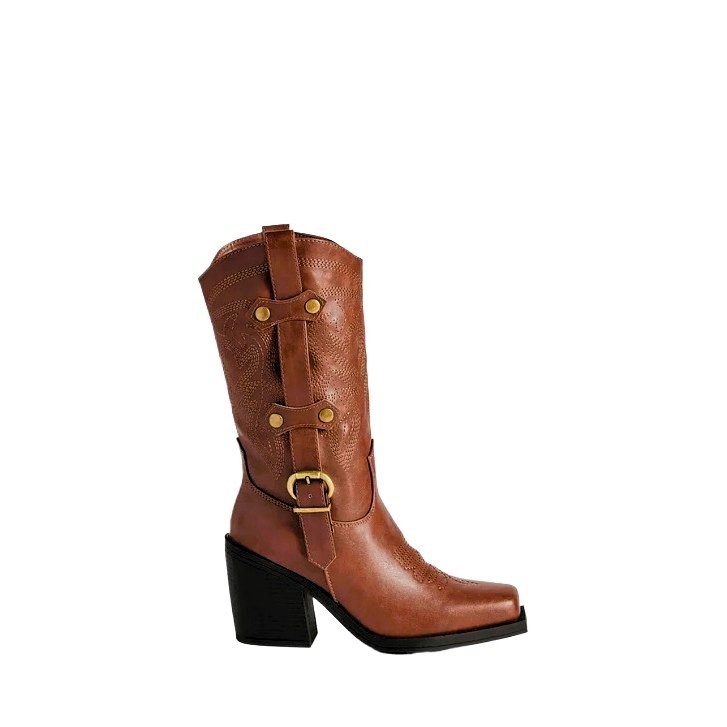 Forever Women’s Brown Square Toe Cowboy Boots Size 8M Chunky Heel