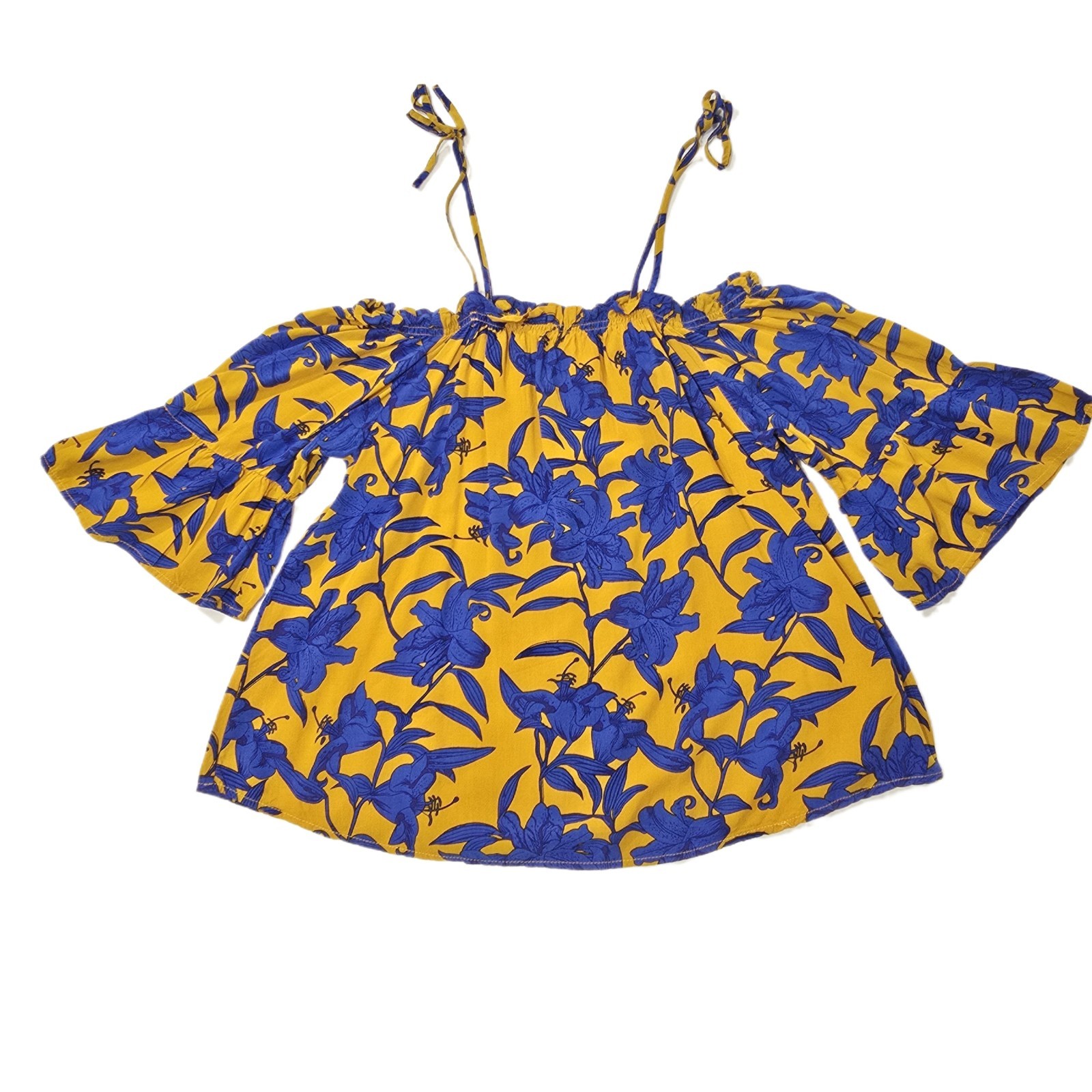 Charming Charlie Women’s Off-Shoulder Floral Blouse Mustard Yellow Blue S