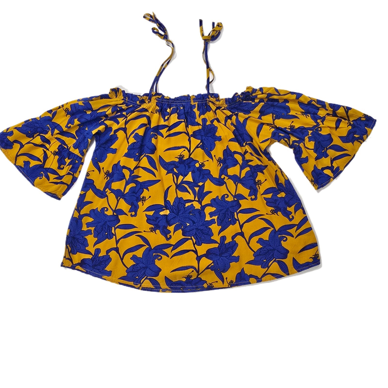 Charming Charlie Women’s Off-Shoulder Floral Blouse Mustard Yellow Blue S