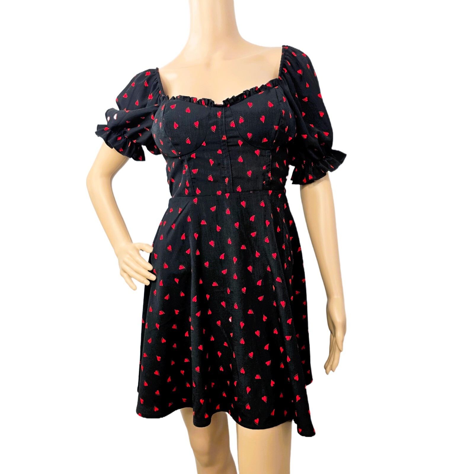 Inspired Hearts Women's Black Puff Sleeve Dress S Red Heart Print