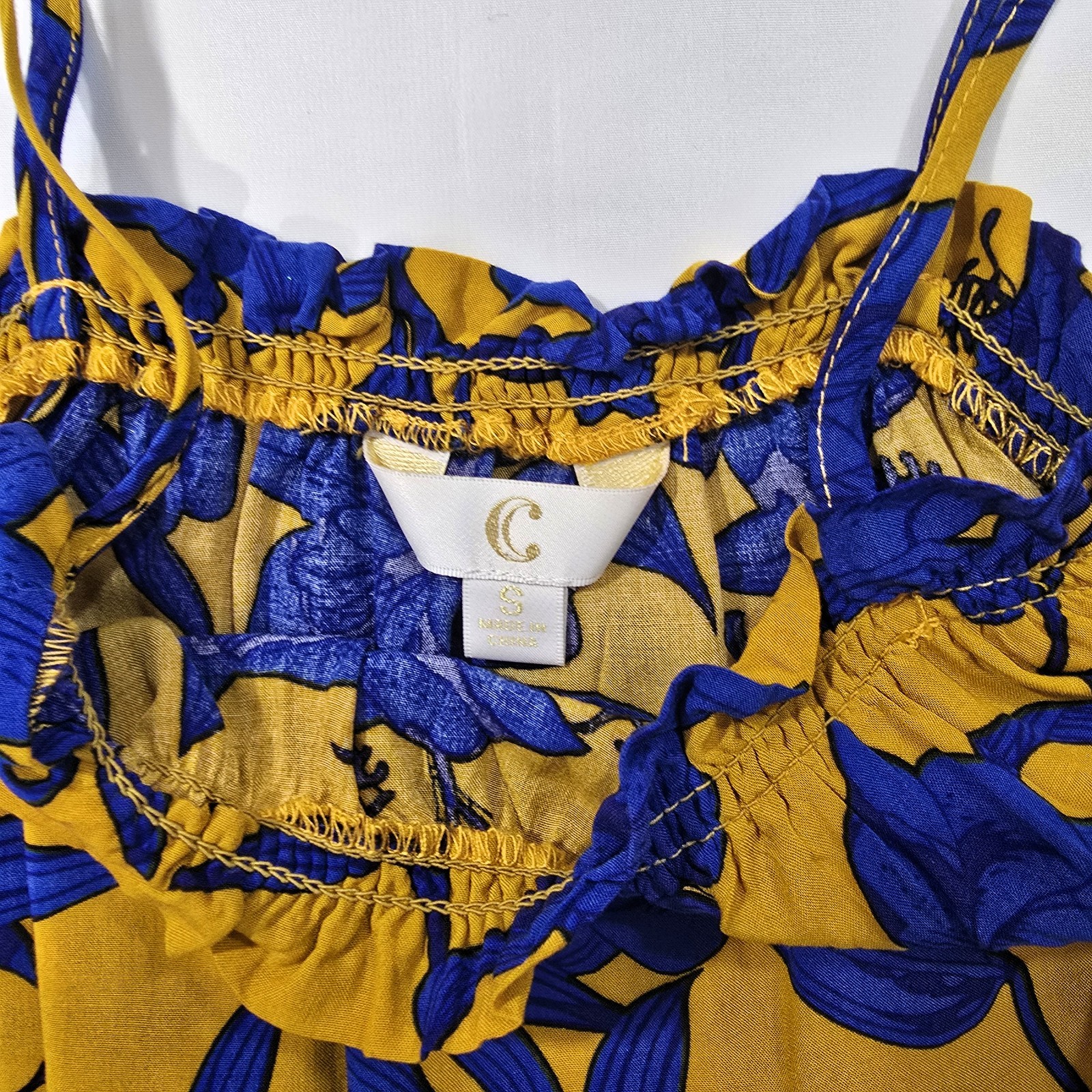 Charming Charlie Women’s Off-Shoulder Floral Blouse Mustard Yellow Blue S