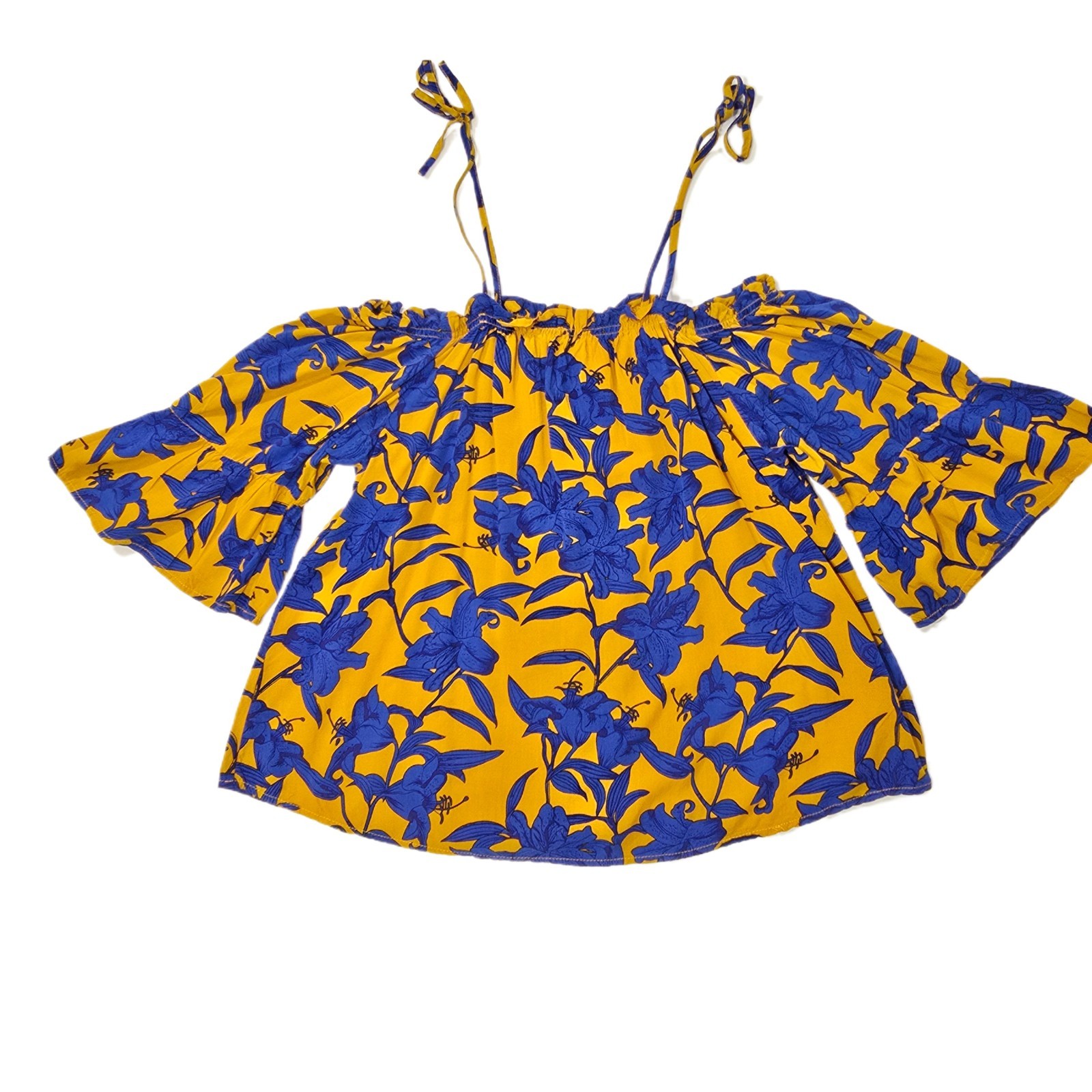 Charming Charlie Women’s Off-Shoulder Floral Blouse Mustard Yellow Blue S