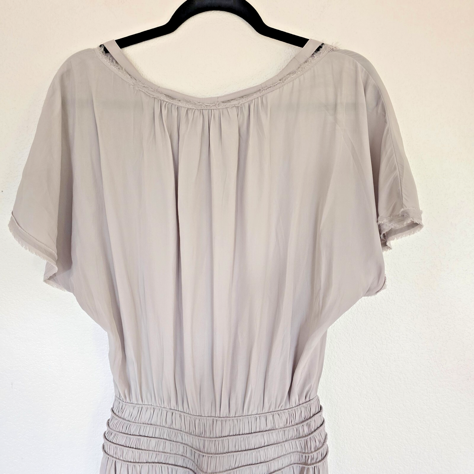 Ramy Brook “Audrey” Gray Smocked Waist Frayed Neck Blouson Midi Dress S