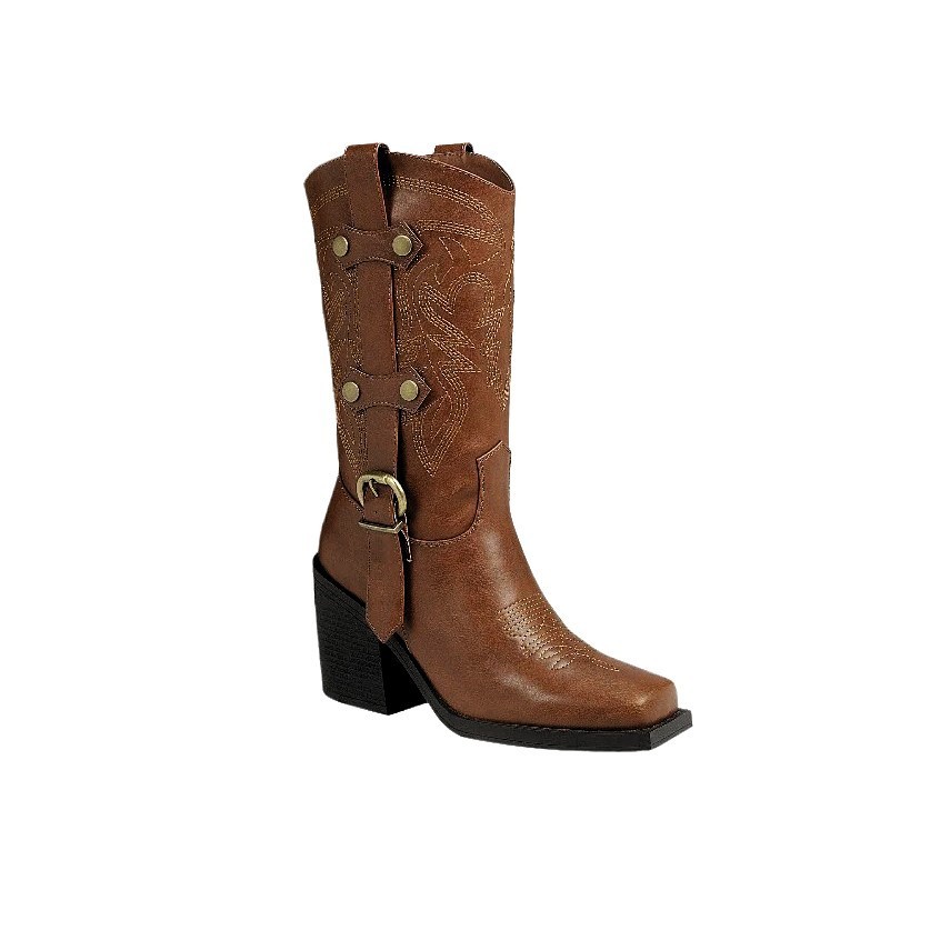 Forever Women’s Brown Square Toe Cowboy Boots Size 8M Chunky Heel